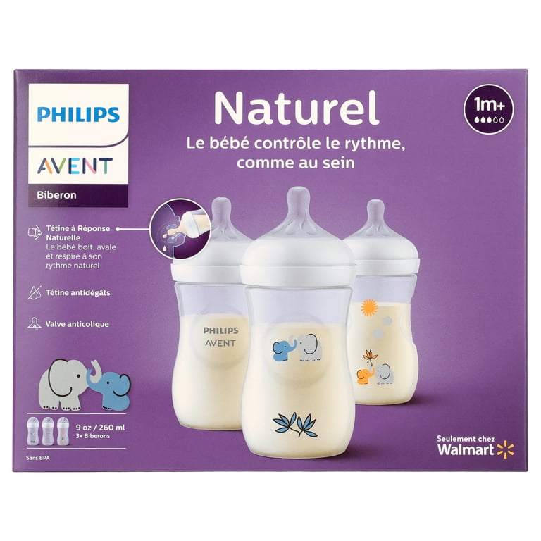 Philips Avent Natural Baby Bottle with Natural Response Nipple, with Blue  Elephant Design, 9oz, 3pk, SCY903/63 