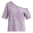 thumbnail image 5 of DeHolifer Women's T-Shirts Casual Off-shoulder Striped Printed Short Sleeve Turtleneck Tops Purple 2XL, 5 of 8