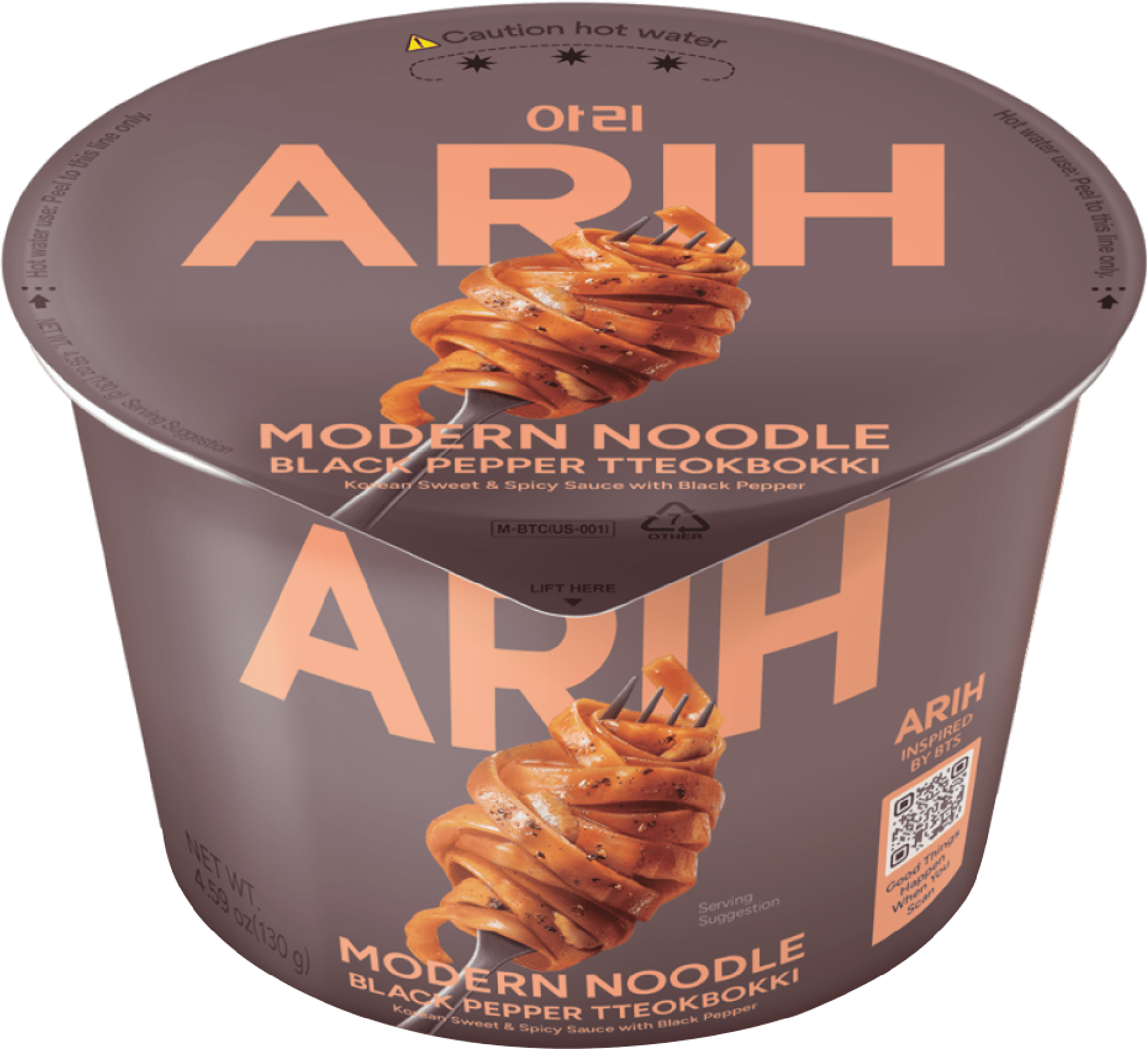 (6 pack) ARIH Modern Noodles, Western-Korean Fusion Soup-Less Noodles, Black Pepper Tteokbokki, Bowl