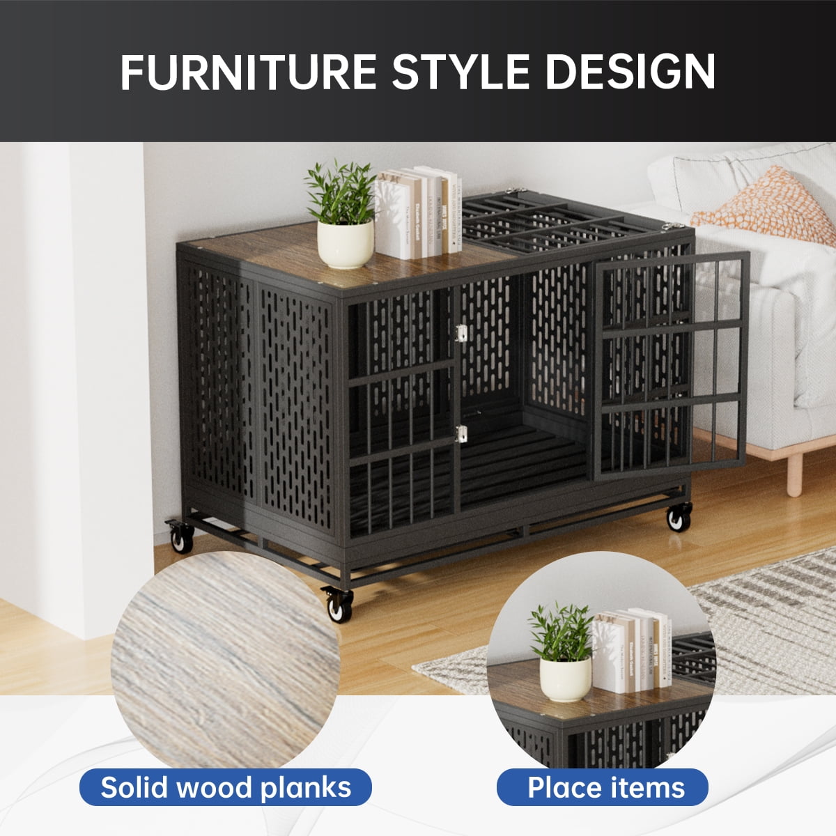 48 Inch Heavy Duty Dog Crate with Wheels, Folding Metal Big Dog Cage for Large and Medium Dogs, Extra Large XL XXL Indestructible Furniture Style Dog Crate with Removable Tray.
