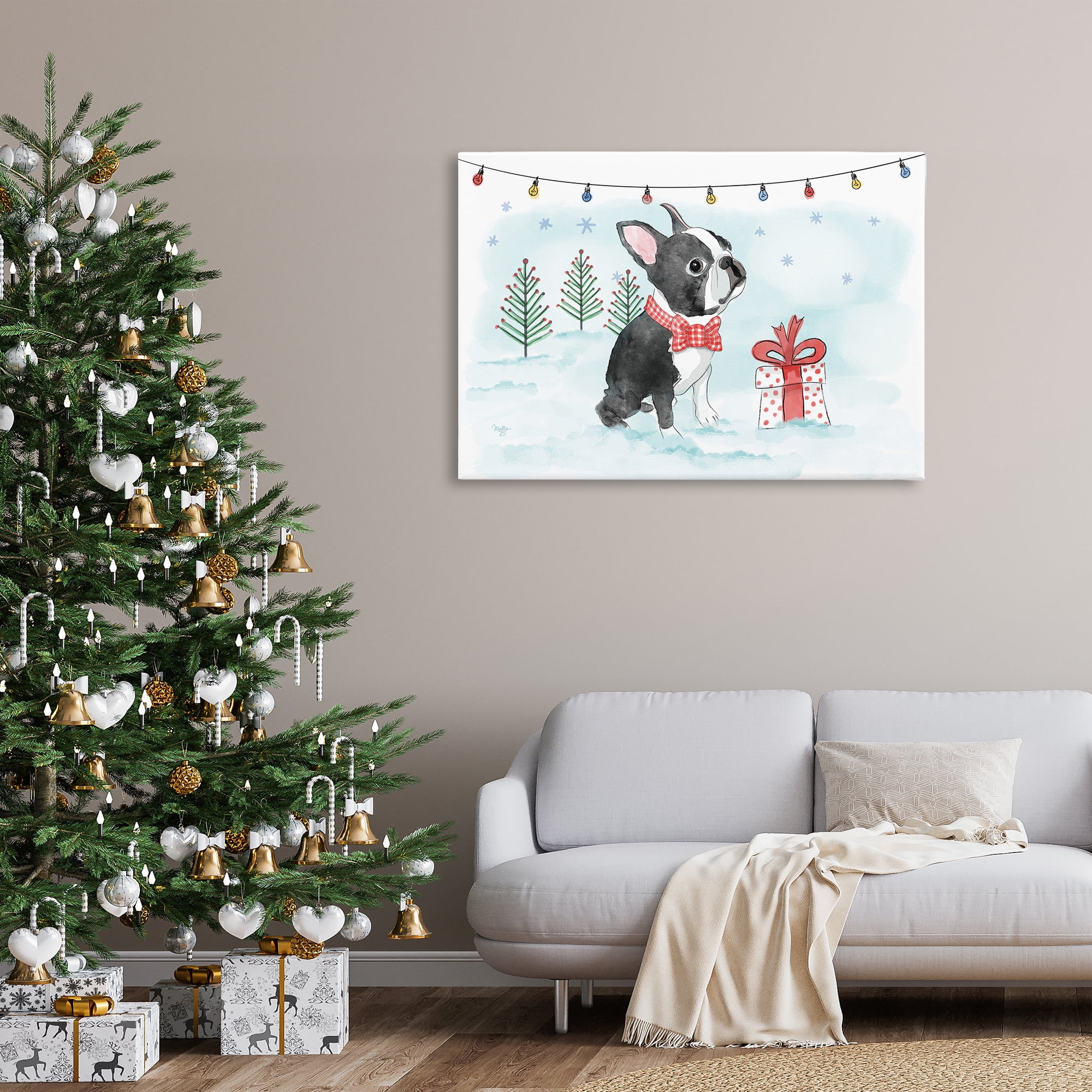 Stupell Industries Snowy Boston Terrier Holiday Painting Gallery Wrapped Canvas Art Prints Wall Art, 45 x 30