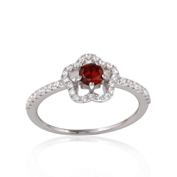 Rhodium Plated 925 Sterling Silver Flower Ring Red & Clear Cubic Zirconia Band Jewelry Female Size 7
