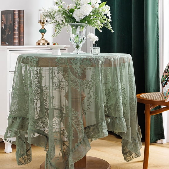 Round Green Lace Tablecloth, Machine Washable, Vintage Home Decor, Dustproof For Tv Stands, 48 Inch (2.5Cm=1Inch)