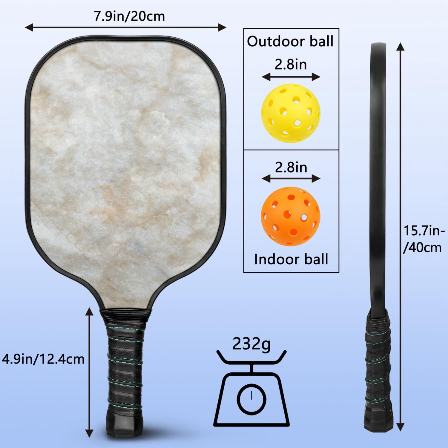 Pickleball Paddles Set Of 2, Fiberglass Surface, Turquoise Marble Pattern, 4 Balls & Bag