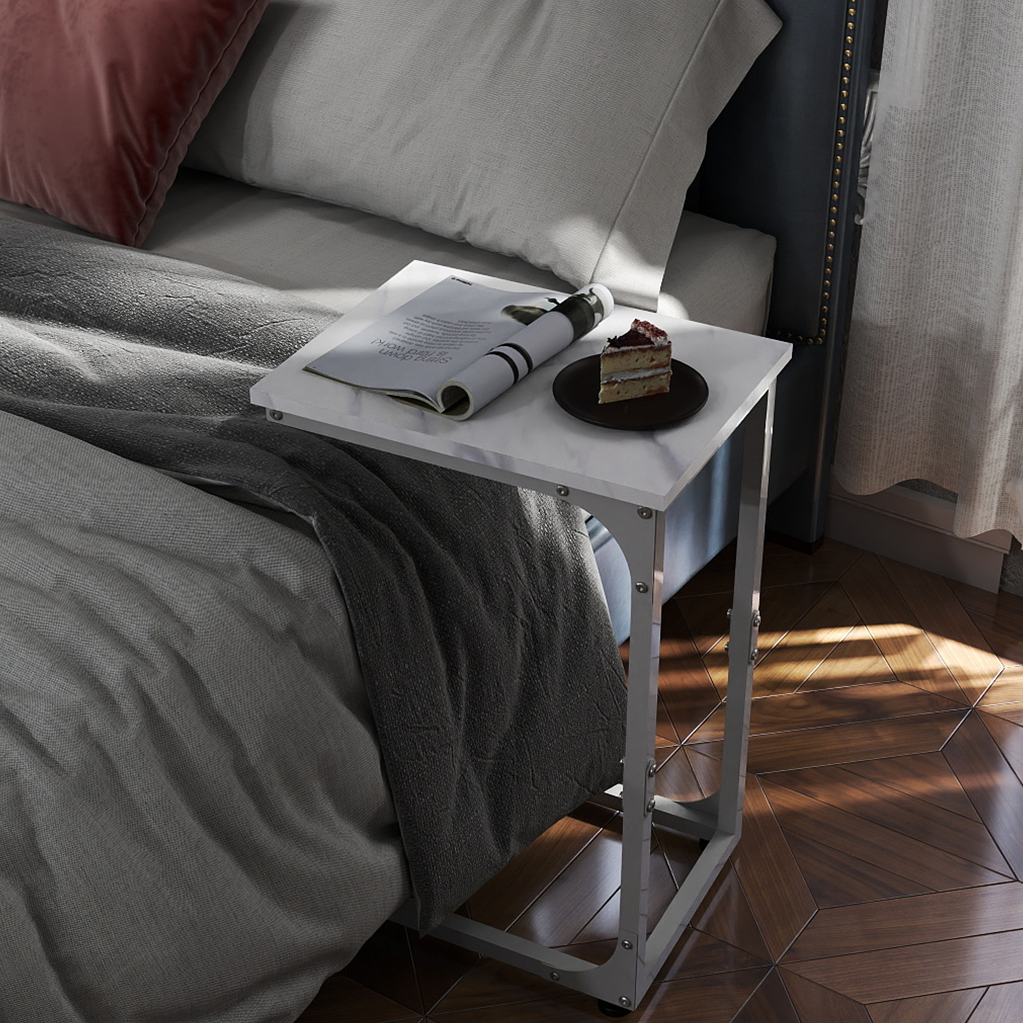 Melocadol C-Shaped End Table, C Shaped Under Couch Slider, Small Side Tables with Metal Frame, Adjustable Feet, for Living Room, Bedside, Sofa, TV Dinner, Recliner, White