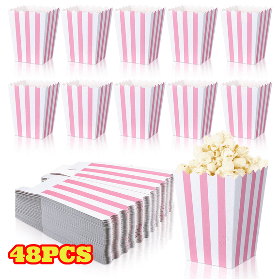 48pcs Pink Popcorn Boxes, Small Pink and White Striped Paper Popcorn Bags Candy Containers for Wedding Birthday Party Favors, 4 x 3 inch