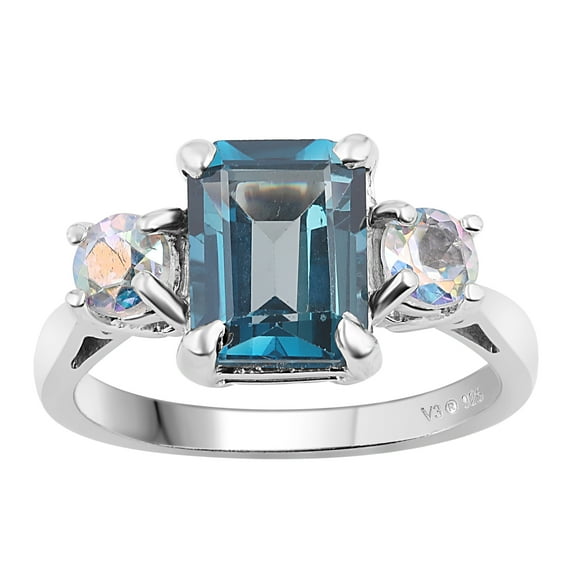 V3 Jewelry 925 Sterling Silver Natural London Blue Topaz and Mercury Opal Topaz Three Stone Ring for Women