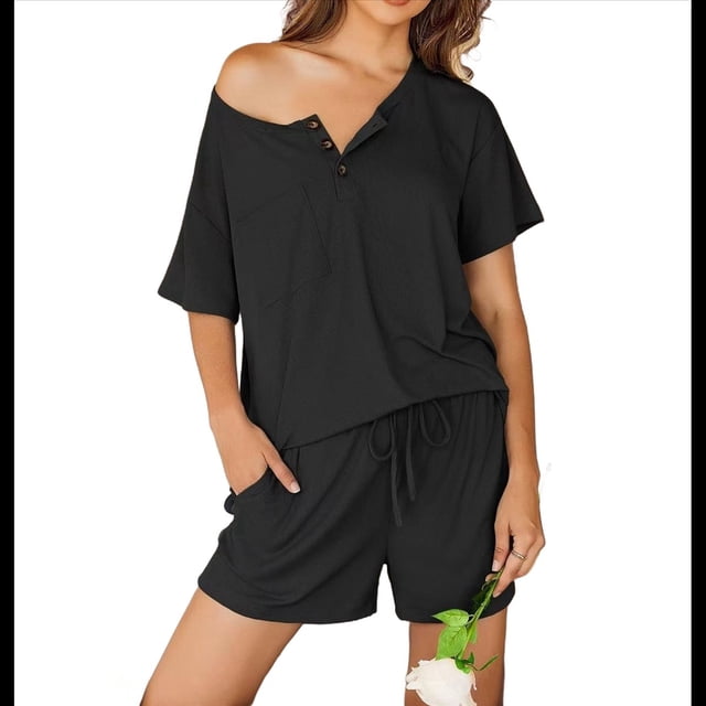 Conjuntos de Pijama para Mujer, 2 Piezas, de Punto Acanalado, Corta, Ropa de Dormir Suave, Conjuntos de Verano para Estar en Casa, Negro, XL