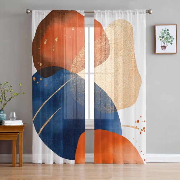 Navy Blue Burnt Orange Sheer Curtains 84 Inch Length 2 Panels Set for Living Room/Bedroom, Boho Modern Retro Geometric Semi Curtain Sheers Drapes Rod Pocket Curtains Window Treatment Set 52''x84''x2