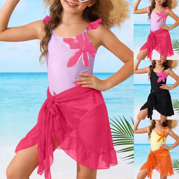 SGFCWSX Girls Two Piece Swimsuit Ruffle Strap Print One Piece Swimsuit with Chiffon Cover Up Skirt for Kids Beach Pool Vacation Pink Size 7-8 Years