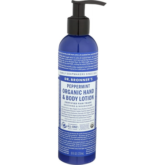 Dr. Bronner'S & Lotion Biologique Tout-en-un pour Mains & Corps Menthe Poivrée Bouteille Pompe de 8 Onces