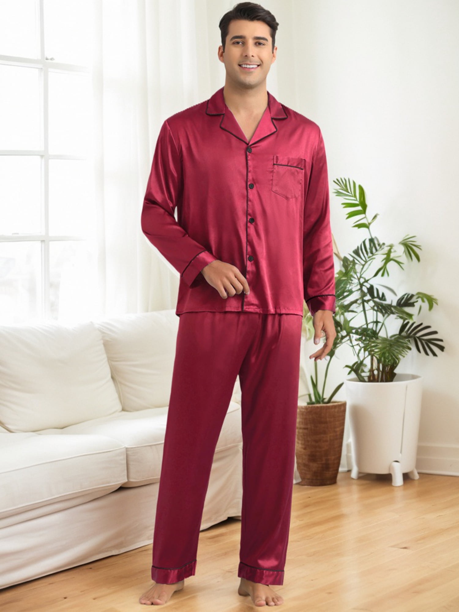 DARING DIVA Men's 2-Piece Homewear Button Down Long Sleeve Shirt XL Burgundy