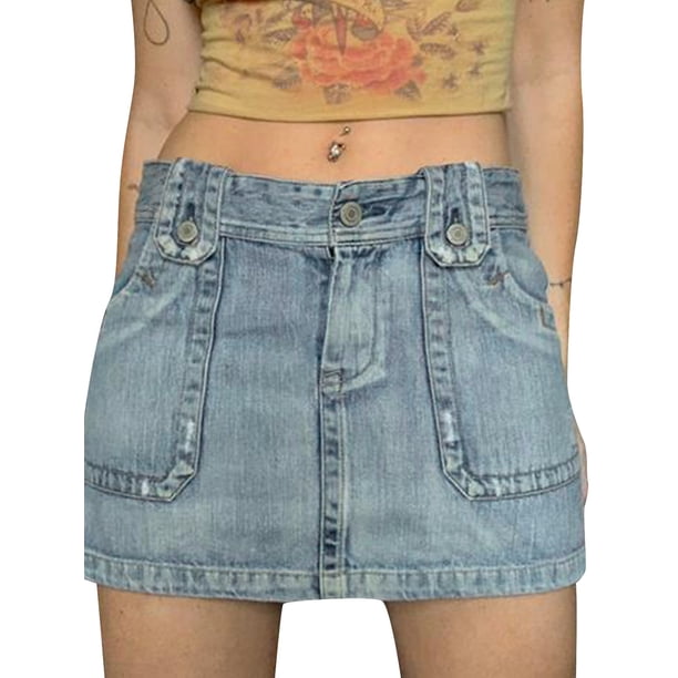 VISgogo, falda vaquera de verano para mujer, minifalda acampanada informal de Color sólido Retro para Club, playa, vacaciones, ropa de calle VISgogo moda