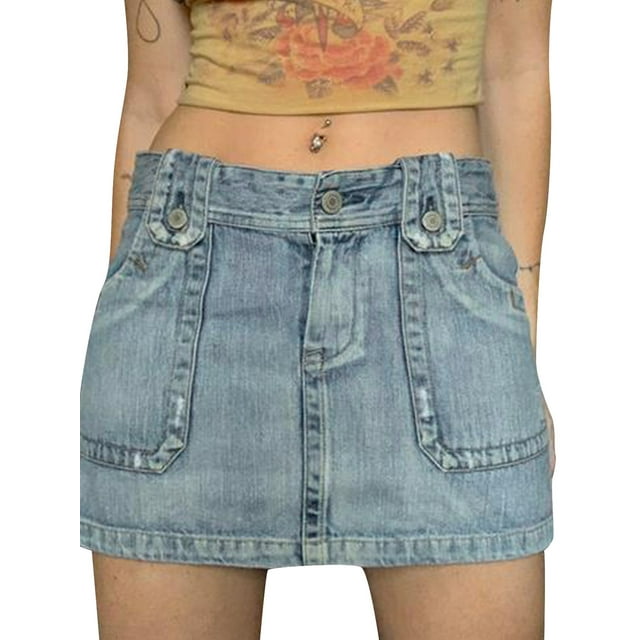 VISgogo, falda vaquera de verano para mujer, minifalda acampanada informal de Color sólido Retro para Club, playa, vacaciones, ropa de calle VISgogo moda