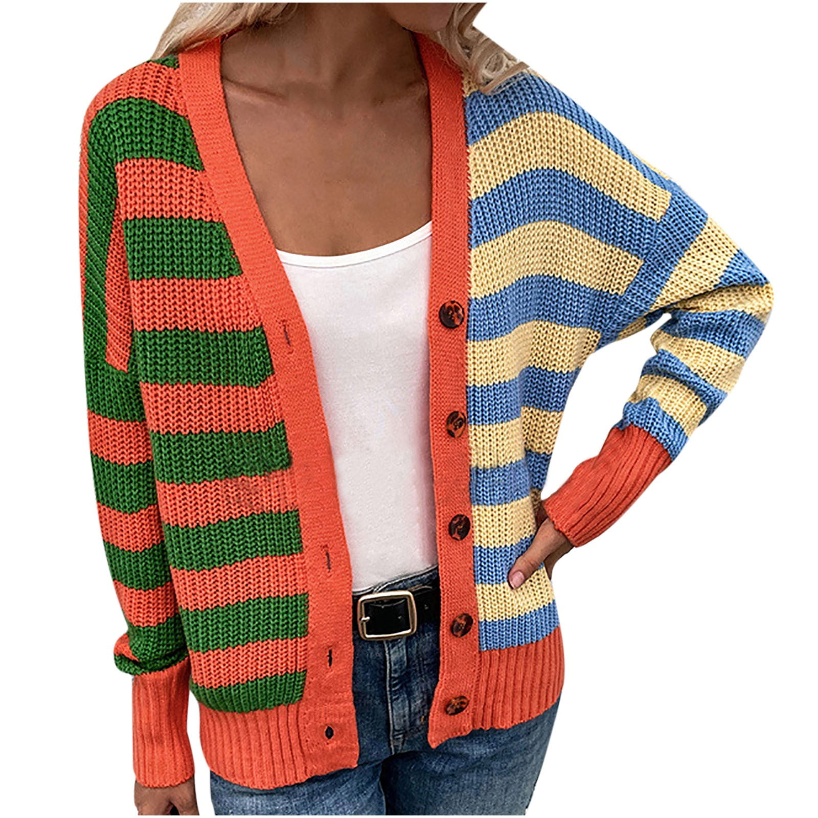 Stripe Buttons Cardigan Sweater Loose 