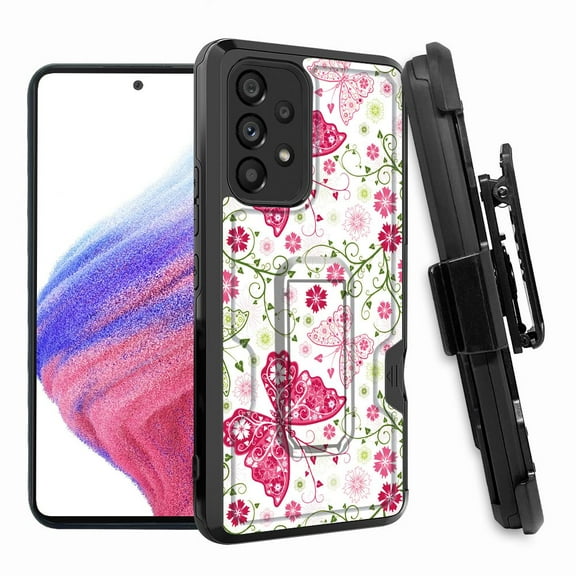 ANJ  Rugged Shockproof Hoster Case w/Card Slot, Kickstand   Tempered Glass Cover for Samsung Galaxy A33 5G - Pink Lace Butterfly