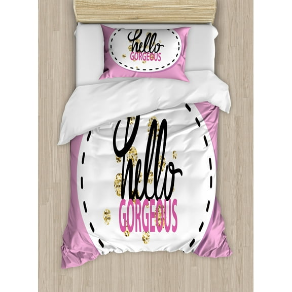 Hello Gorgeous Twin Size Duvet Cover Set, Hello Gorgeous Graffiti Illustration with Patch-Like Colorful Background, Decorative 2 Piece Bedding Set with 1 Pillow Sham, Multicolor, by Ambesonne