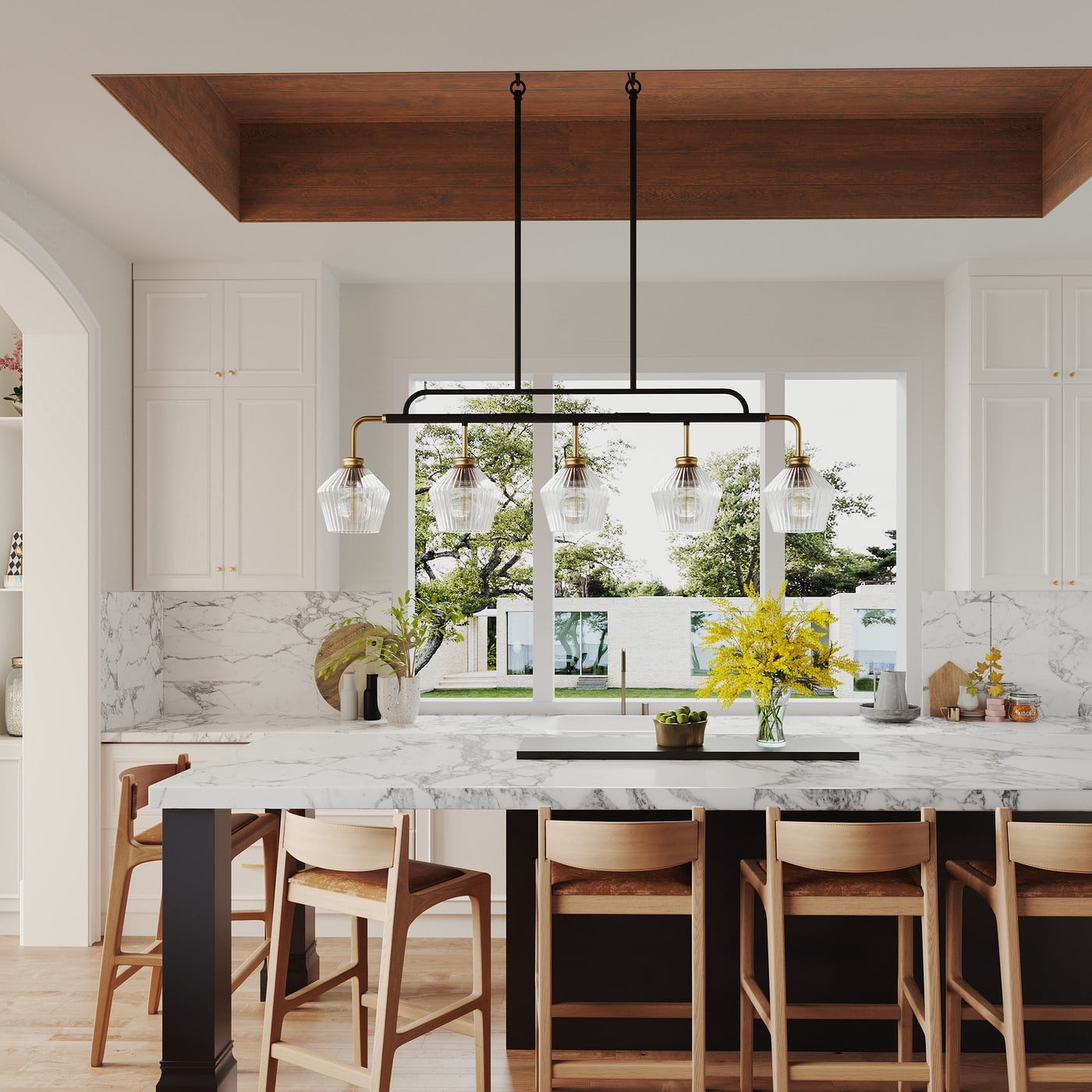 Aiwen 43 Inch 5-Light Linear Chandelier Over Kitchen Island, Matte Black Pendant Light Fixture for Kitchen Living Room