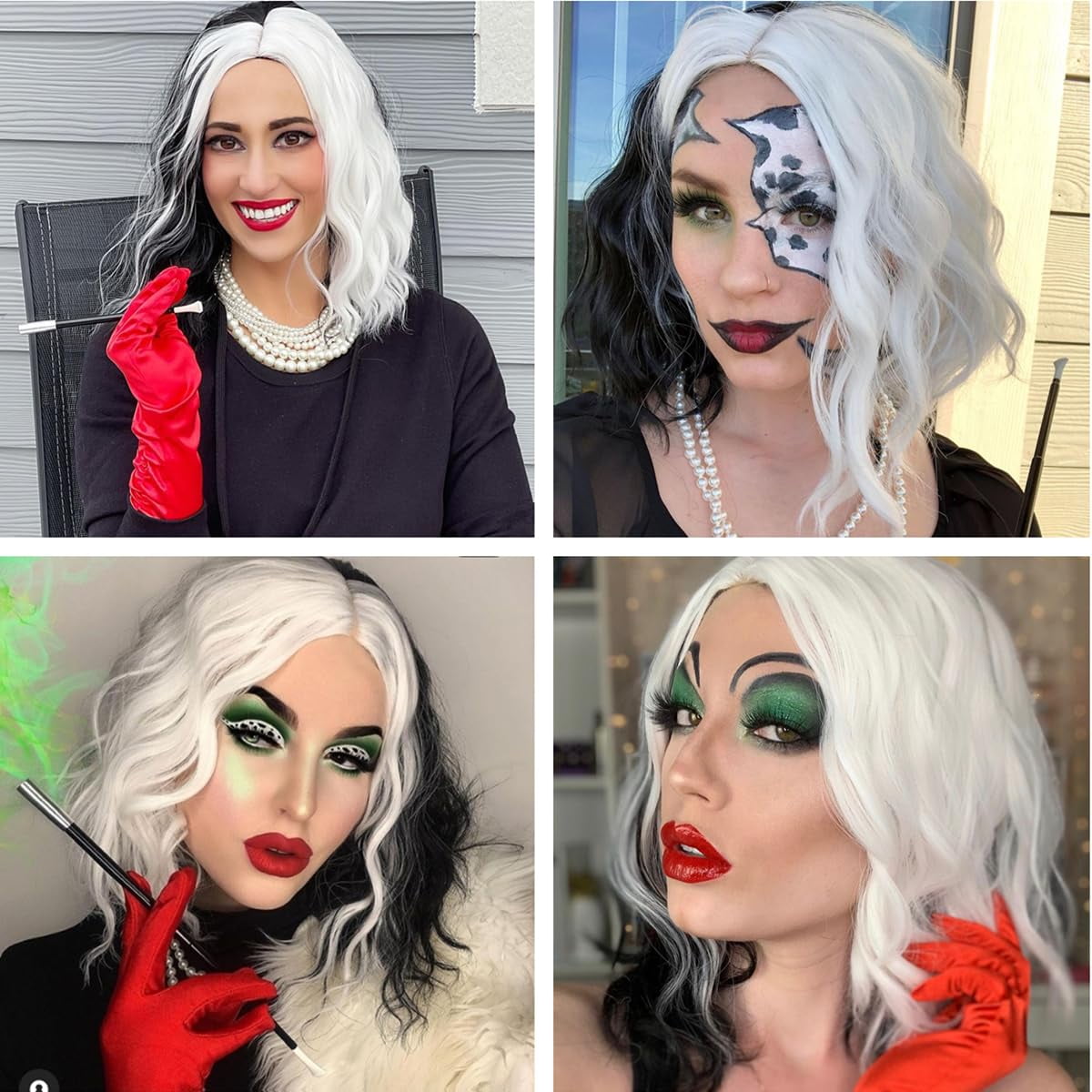 Dopi Black and White Wig for Women Girls Wig for Cruell/a Half White and Half Black Wig Short Curly Wavy Bob Wig Synthetic Hair Wigs Two Tone Wig Split Wig