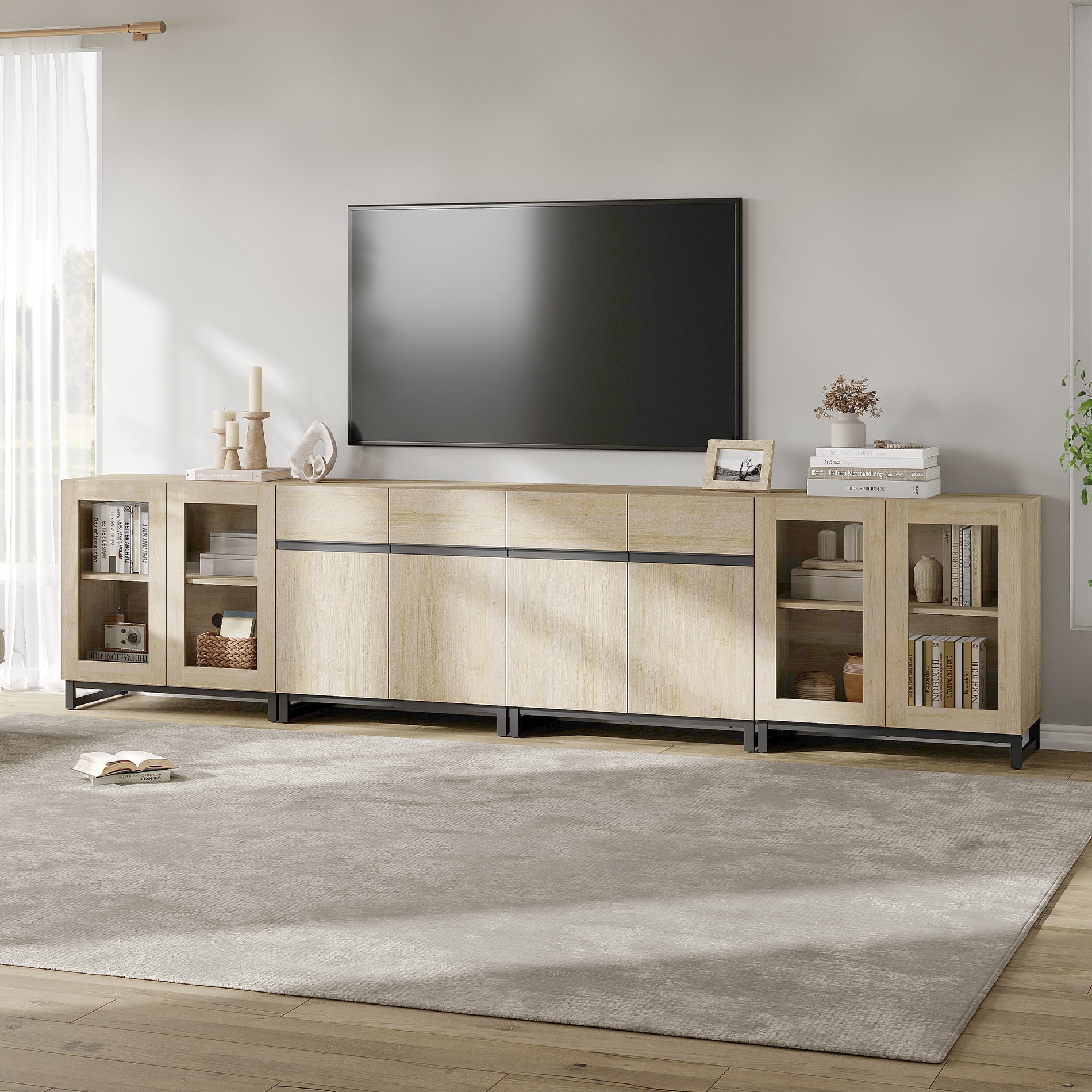 4 In 1 TV Stand For Tvs Up To 120 Inches, Modern Entertainment Center With Glass Doors And Metal Legs, TV Console With Adjustable Shelf For Living Room, Bedroom,Beige