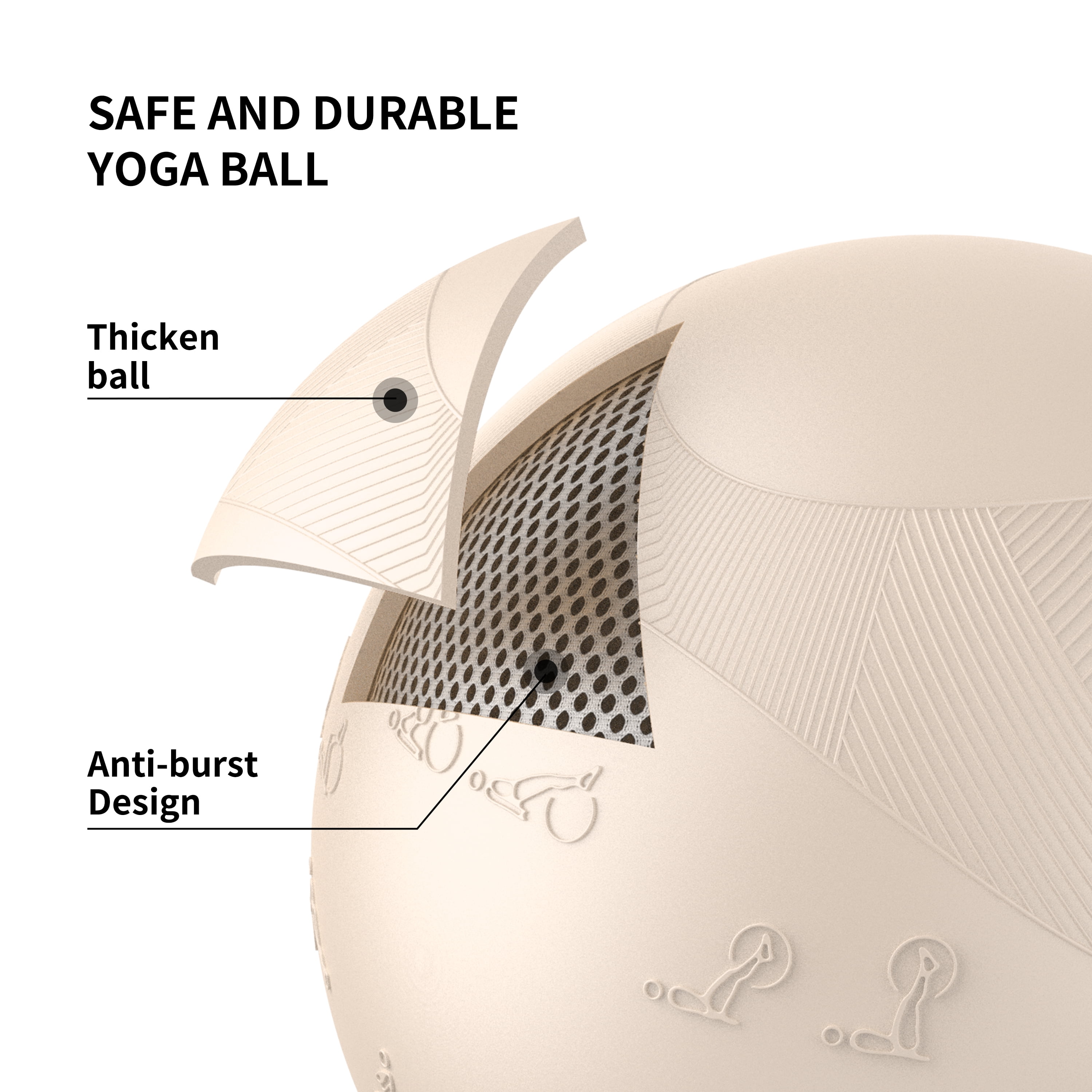FITMIND Thick Exercise Ball with Embossed Pattern, 25in, Hand Pump, Anti-Burst, Apricot