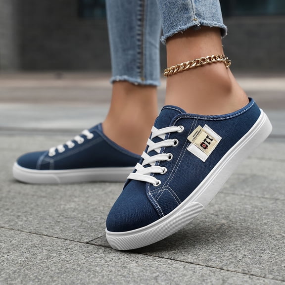 EliteGoogv Womens Slip On Sneakers Low Top Canvas Flat Shoes For Women Casual Comfortable Walking Footwear Blue US:5.5