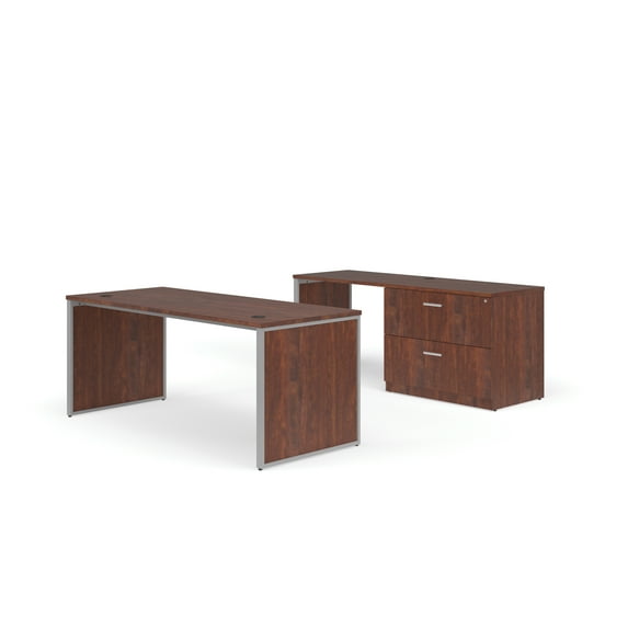 OFM Fulcrum Series Office Furniture Set, 72" Table Desk, 72" Credenza, Lateral Filing Cabinet, Leg Panels, in Cherry