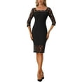 thumbnail image 2 of INSPIRE CHIC Robe en Dentelle à Manches 3/4 pour Femmes Col Carré Midi Droite Fatiguée m Noir, 2 of 6