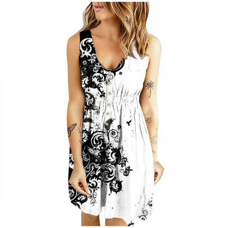 

Hfyihgf Women s Casual Sleeveless T-Shirt Dresses Summer V Neck Button Down Elastic Waist A-Line Swing Short Dress(Floral White M)