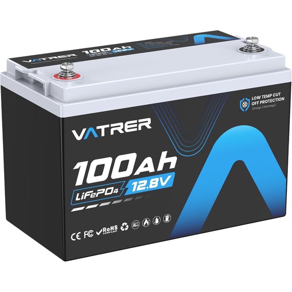 VATRER POWER 12V 100AH Low Temp Cutoff LiFePO4 Deep Cycle Battery with 1280W, Built-in 100A BMS, 5000 Cycles Rechargeable Lithium Battery, Perfect for RV/Camper, Marine, Solar.