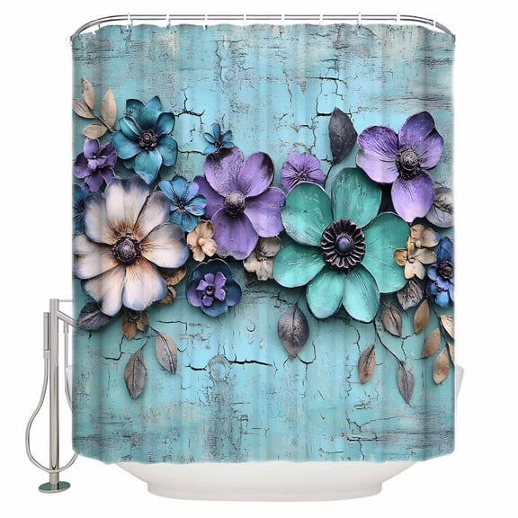 72x78 Inch Shower Curtain Spring Purple Flowers Bathroom Decor Waterproof Fabric Bathtub Bath Curtains Decorative Floral Mottled Teal Wall Retro Extra Long Shower Curtain Set with Hooks