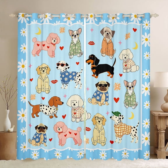 Manfei Cute Dog Lover Blackout Curtains, Cartoon Daisy Window Curtains Pack of 2 (38x45 Each), Light Blue