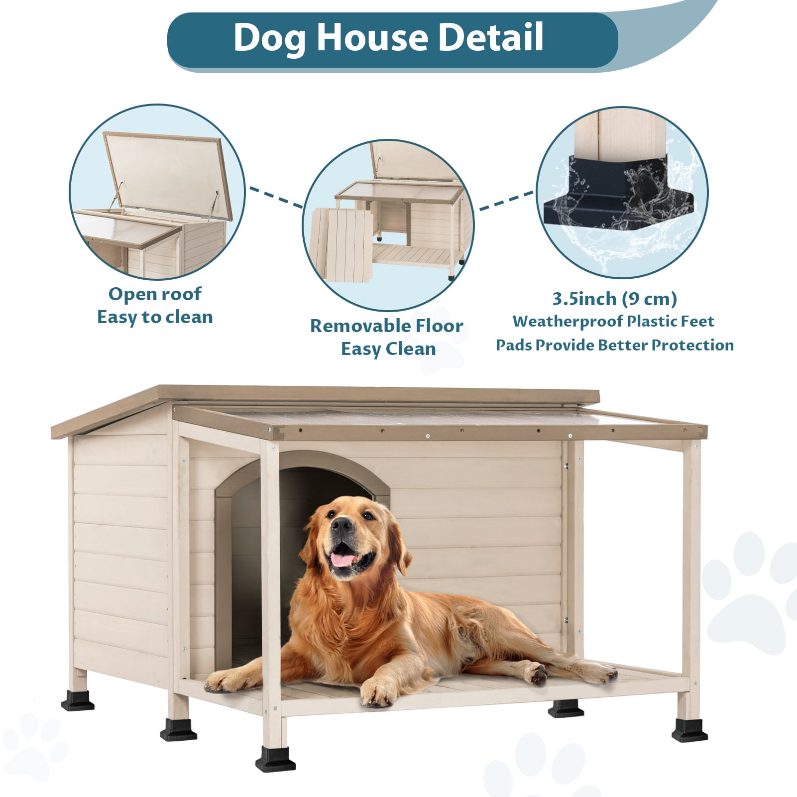 Petsfit Cabin Style Dog House with PVC/Asphalt Roof, Off-White