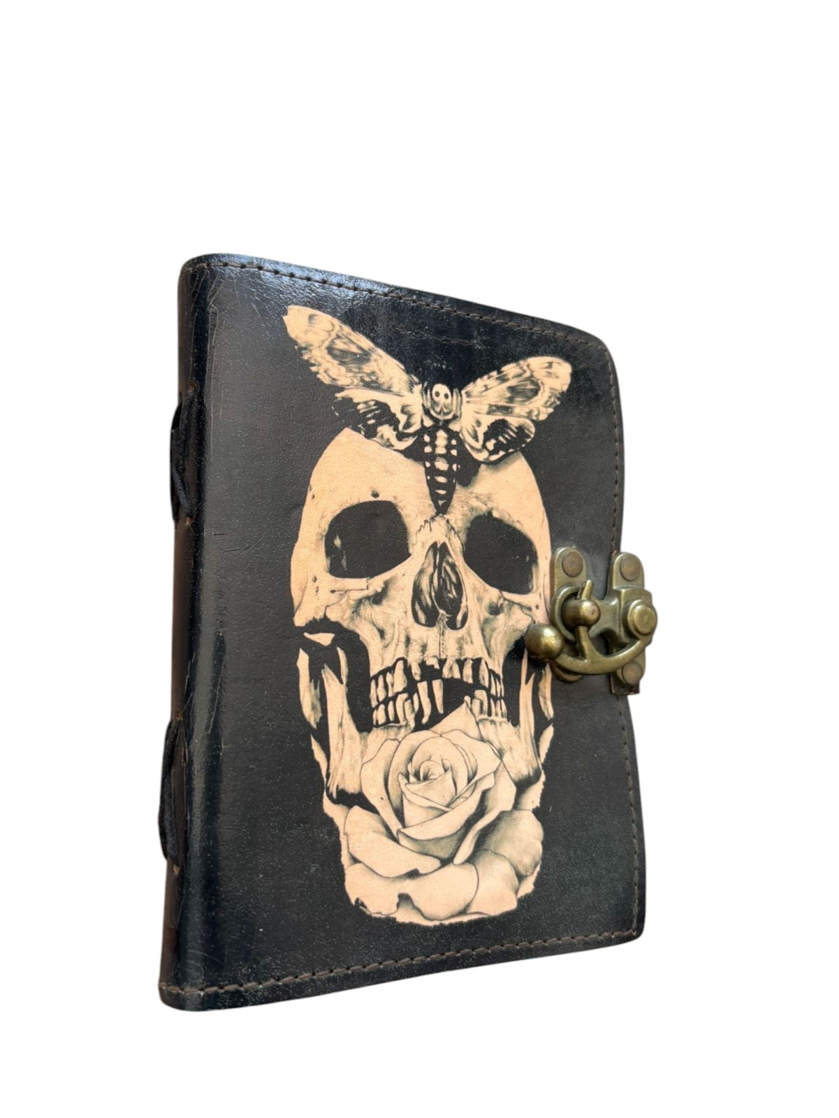 Handmade Leather Journal with Skull, Moth & Rose Design – 200 Deckle Edge Pages, Gothic Vintage Lock Diary, Lightweight Notebook