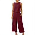 thumbnail image 1 of RT5YKing Ensemble 2 Pcs Coton et Lin Mode Femme Col Rond Blouse Sans Manches Unie + Pantalons Amples avec Poches, 1 of 8