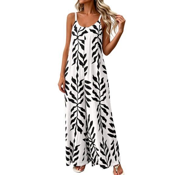 Boho Wide Leg Jumpsuits for Women Vacation Loose Palazzo Pants Rompers Adjustable Strap Casual Jumpsuit Jumper Black, 2XL