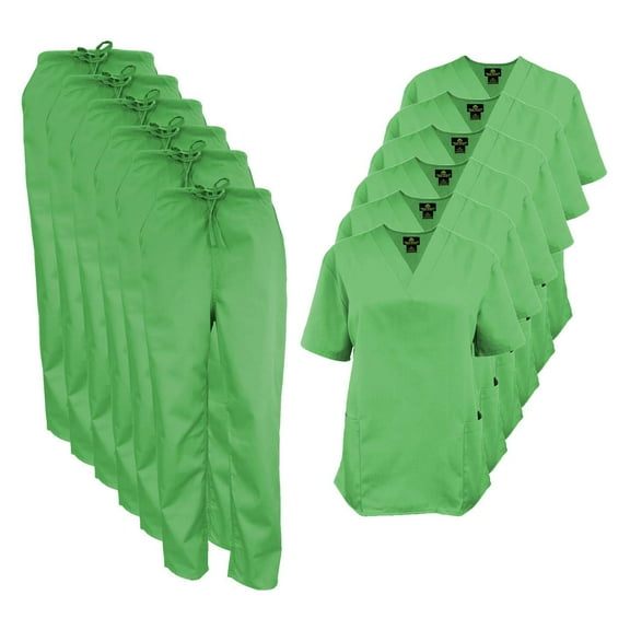M&M SCRUBS Women Scrub Set V-Neck Medical Scrub Tops and Drawstring Pants - Pack of 6 Set (Lime Green, 5X-Large)