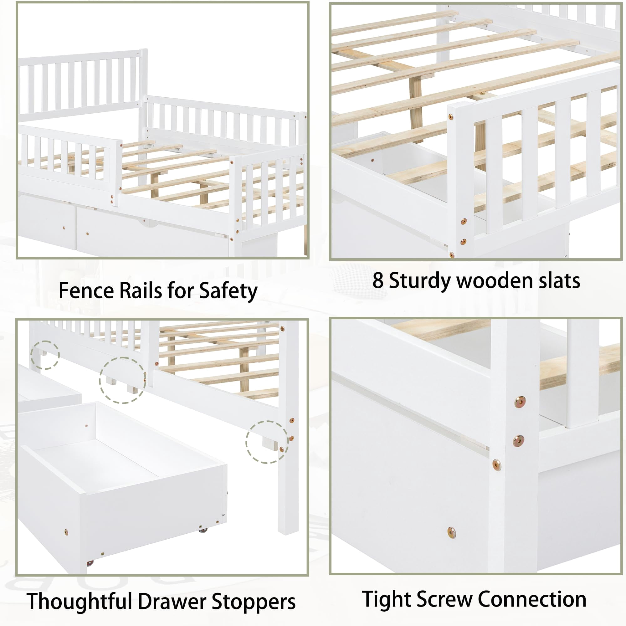 Mirightone Full Bed Frame, Wood Full Size Bed with Storage Drawers, Full Storage Bed with Guardrails on Both Sides . ( White)