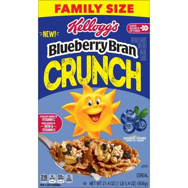 Kellogg's Blueberry Bran Crunch Breakfast Cereal, Family Breakfast, Fiber Cereal, Family Size, Original, 21.4oz Box (Pack of 2)