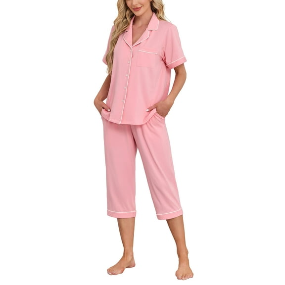 ANLIQI Women's Pajama Sets Modal Short Sleeve Button Down Sleepwear Summer Capri Soft Pajamas Set (Sage Green, Large)