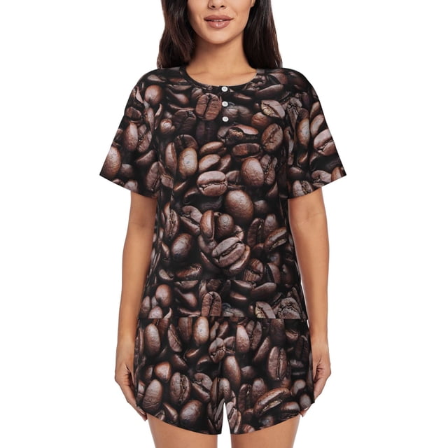 Balery Coffee Bean Conjunto de Pijama para Mujer con Estampado, Dos Piezas de Manga Corta y Shorts, Ropa de Dormir Suave con Cuello Redondo y Bolsillos-3X-Large