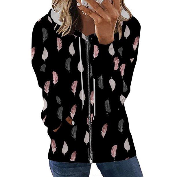 Pntutb moda mujer manga larga cremallera frente abierto suelta prendas de vestir exteriores blusa estampada abrigo Tops bolsillos blusa con capucha liquidación Pntutb Pntutb-6447