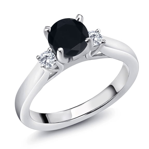 Gem Stone King 925 Sterling Silver Black Onyx and White Diamond 3-Stone Engagement Ring for Women (0.93 Cttw, Round 6MM, Gemstone December Birthstone, Size 8)