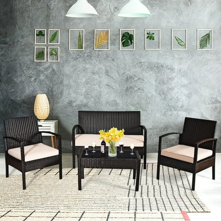 Goplus 4-Piece Brown Patio Rattan Conversation Furniture Set with Beige Cushions