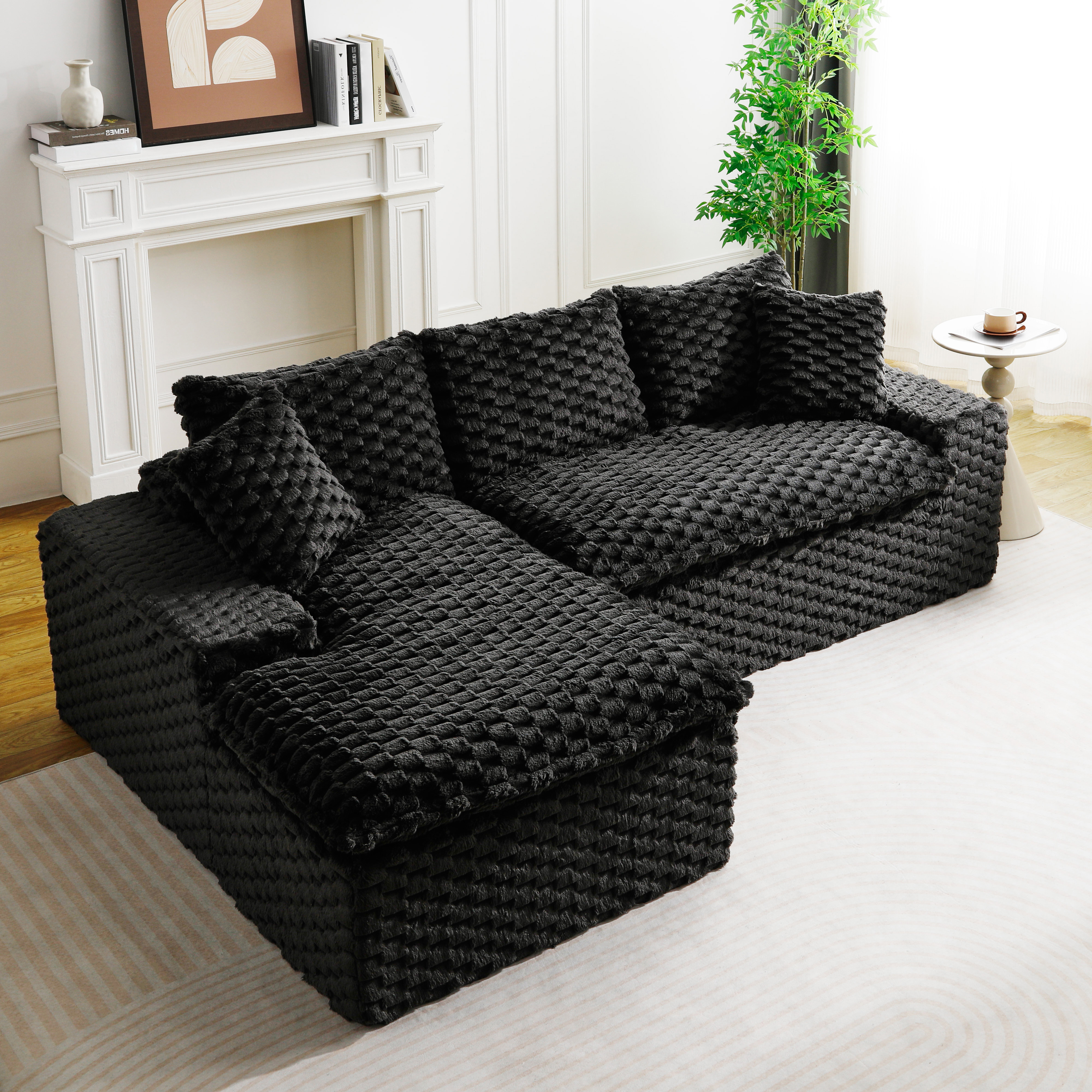 HOQBN 96"W Modular Sectional Sofa,L Shape Modern Corduroy Cloud Couch,Upholstered Deep Seat Boneless Sofa Couch with Left Chaise Lounge for Living Rooms,No Assembly Required,Black