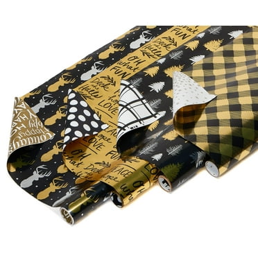 American Greetings Reversible Wrapping Paper Pack, Black, Gold, Plaid, Trees Reindeer (4-Rolls, 80 Sq. ft.)