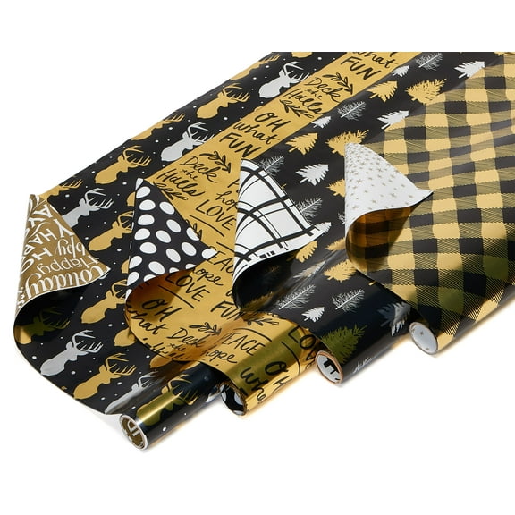 American Greetings Reversible Wrapping Paper Pack, Black, Gold, Plaid, Trees Reindeer (4-Roll, 80 Sq. ft.)