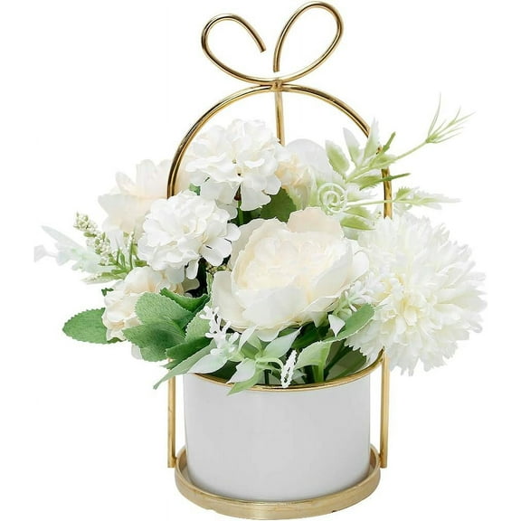 Artificial Flowers Hydrangea with Ceramic Vase Silk Chrysanthemum Mini Potted Fake Flowers Hanging Potted Plants for Wedding Home Office Decoration Pack of One (White)