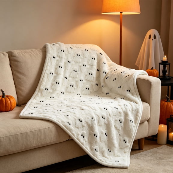 Soft Flannel 2D Ghost Print Throw Blanket, Cozy Lightweight Polyester Halloween Decor Blanket, Versatile Warm Plush Blanket for Sofa Couch Bedroom Living Room, S Size