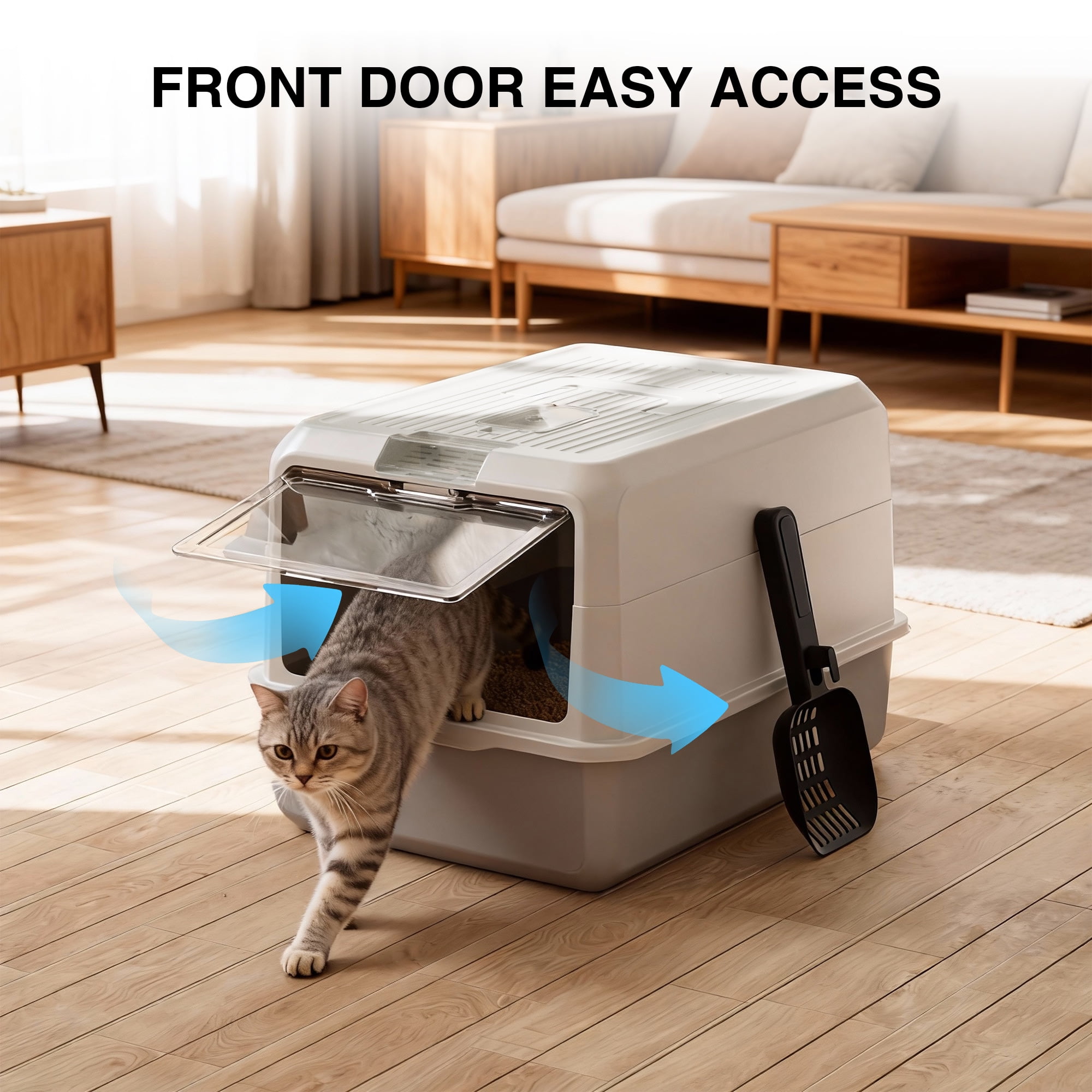 Cat Litter Box Enclosure Large Litter Box with Front Door Flap and Scoop Plastic Gray